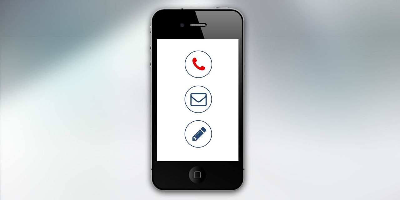 services-03 Smartphone showing communication icons for call, email, and messaging on screen.